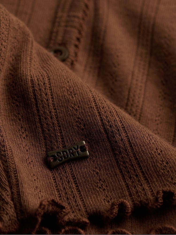 Superdry Brown Athletic Essential Pointelle Cardigan - Image 2 of 2 Superdry Brown Athletic Essential Pointelle Cardigan - Image 2 of 2