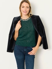 FatFace Teal Blue Embellished Collar Knit Top - Image 4 of 7