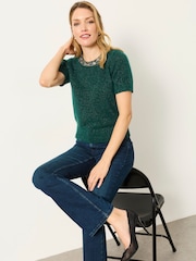 FatFace Teal Blue Embellished Collar Knit Top - Image 6 of 7