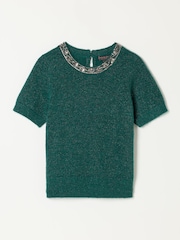FatFace Teal Blue Embellished Collar Knit Top - Image 7 of 7