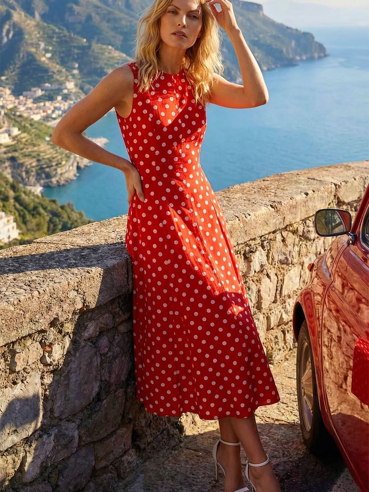 Roșu - Rochie midi Roman cu panou cu buline - Imaginea 1 din 5