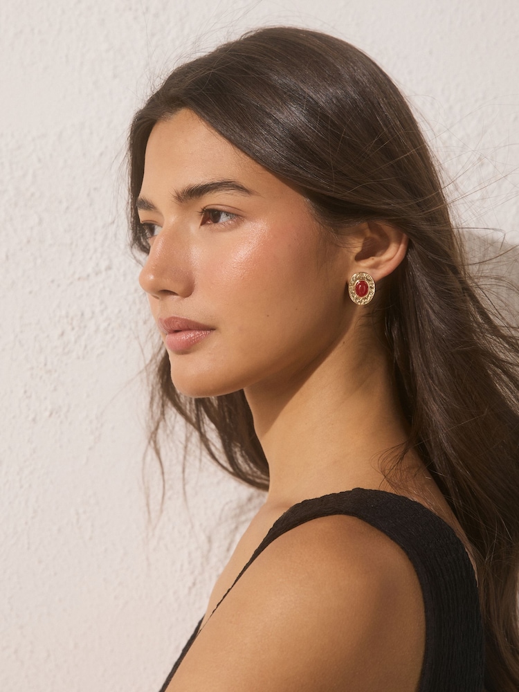 Gold Tone/Red Resin Heritage Oval Stud Earrings - Image 2 of 5