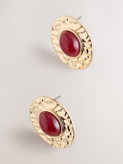 Gold Tone/Red Resin Heritage Oval Stud Earrings - Image 3 of 5