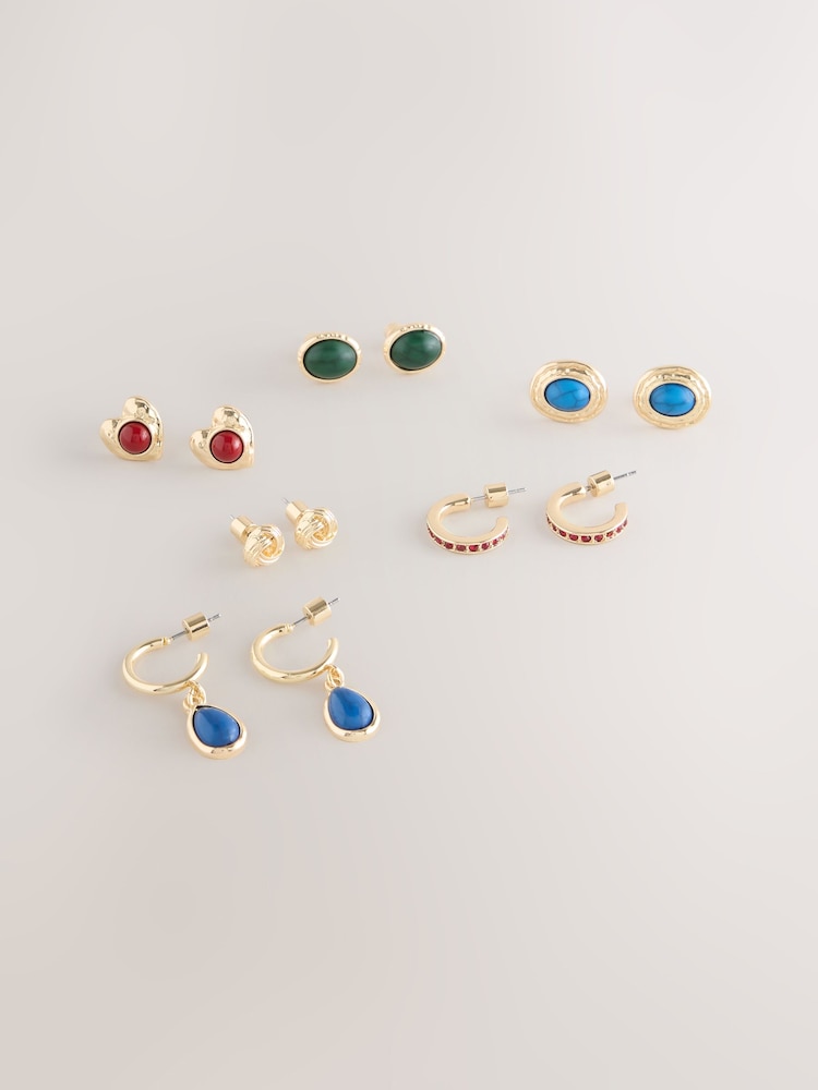 Gold Tone/Multicolour Stud and Hoop Earrings 6 Pack - Image 1 of 3 Gold Tone/Multicolour Stud and Hoop Earrings 6 Pack - Image 1 of 3