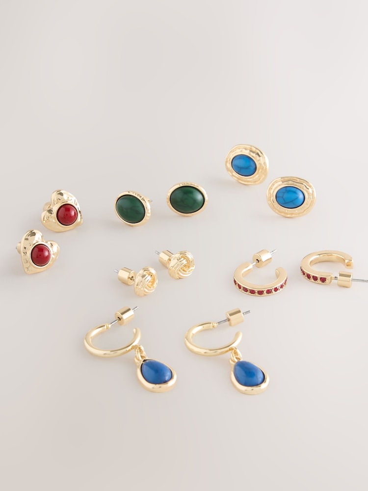 Gold Tone/Multicolour Stud and Hoop Earrings 6 Pack - Image 2 of 3 Gold Tone/Multicolour Stud and Hoop Earrings 6 Pack - Image 2 of 3