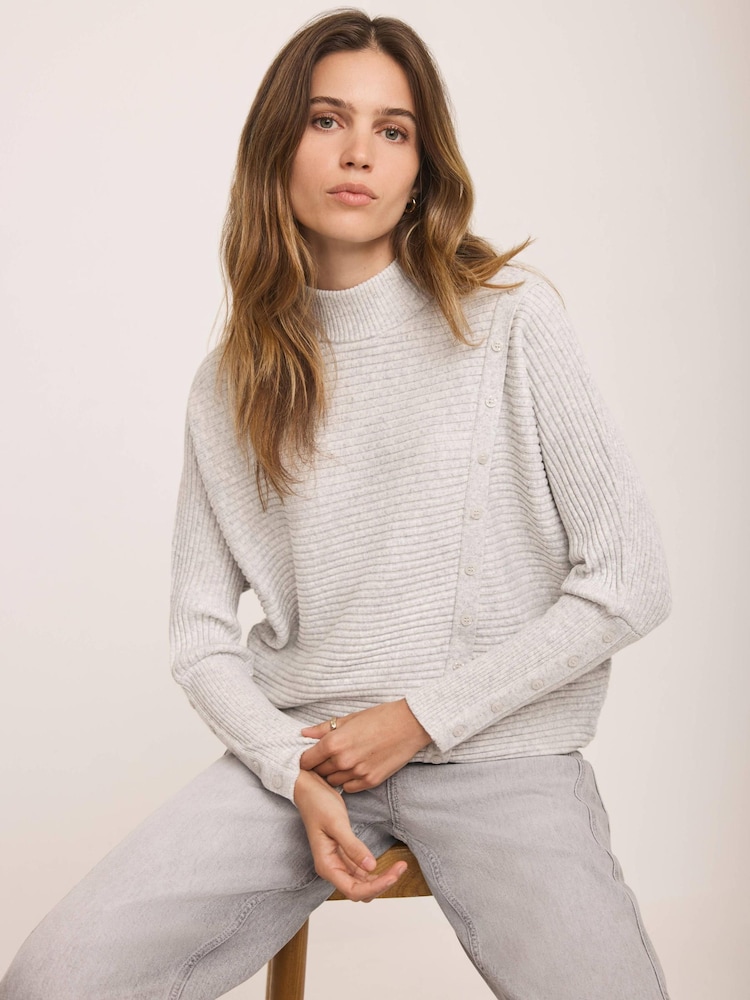 Mint Velvet Grey Neutral Button Detail Ribbed Jumper - Image 1 of 7 Mint Velvet Grey Neutral Button Detail Ribbed Jumper - Image 1 of 7