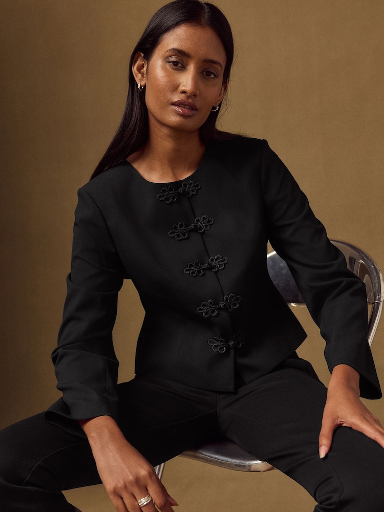 Black Knot Fastening Collarless Jacket - Image 1 of 8 Black Knot Fastening Collarless Jacket - Image 1 of 8