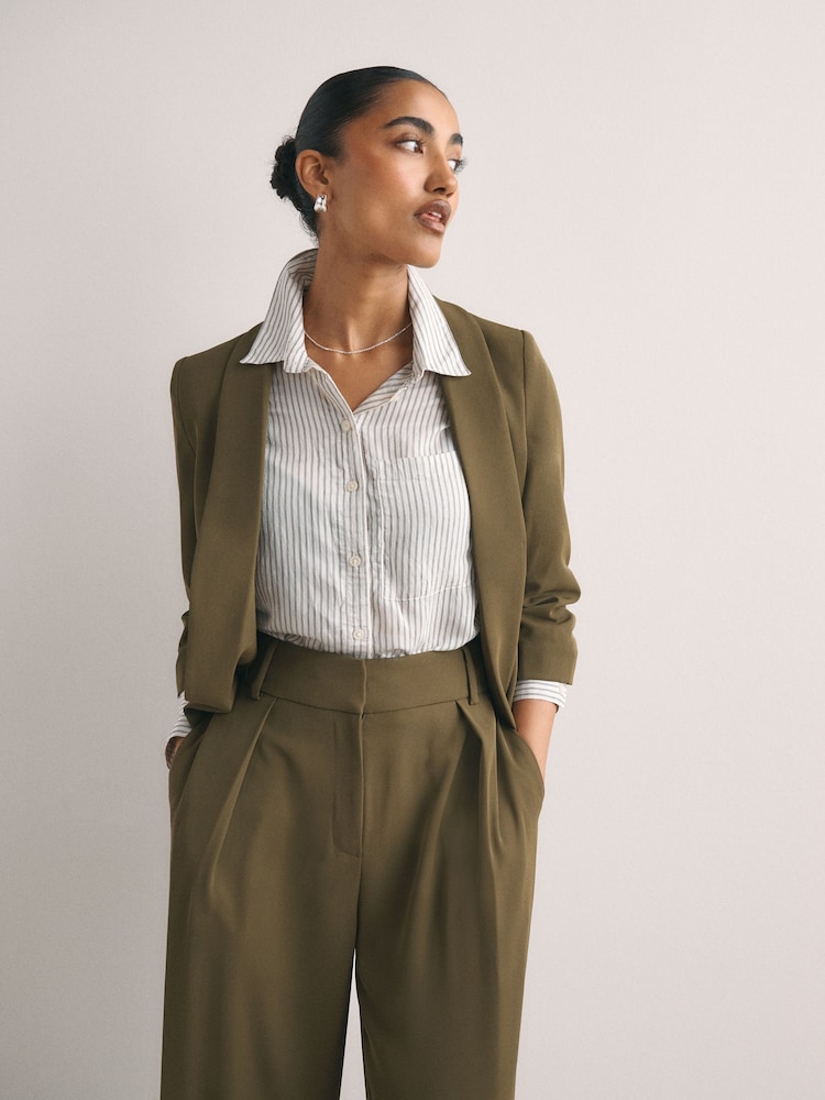 Olive Green Relaxed Ruched Sleeve Blazer - Image 1 of 7 Olive Green Relaxed Ruched Sleeve Blazer - Image 1 of 7
