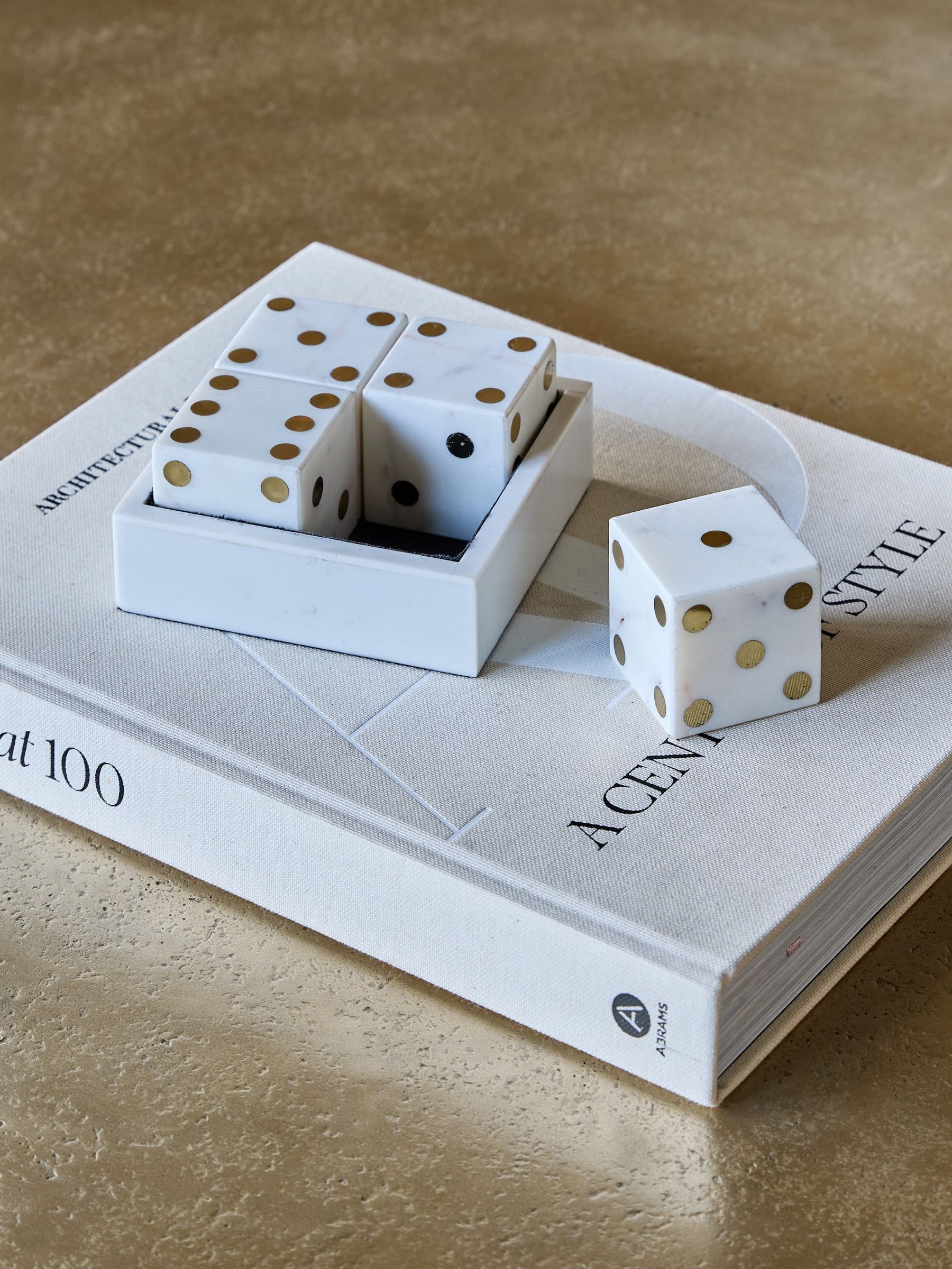 ⭐︎美品⭐︎24-25 dice bank Buy Libra Interiors White Harris Antique Brass and Marble Dice Set