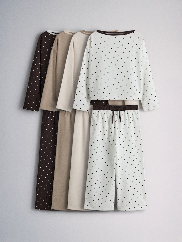 The Set 4 Pack Cotton Blend Long Sleeve T-Shirt and Long Leg Pyjamas Chocolate Brown/Cream/Light Brown/Spot - Image 1 of 11 The Set 4 Pack Cotton Blend Long Sleeve T-Shirt and Long Leg Pyjamas Chocolate Brown/Cream/Light Brown/Spot - Image 1 of 11