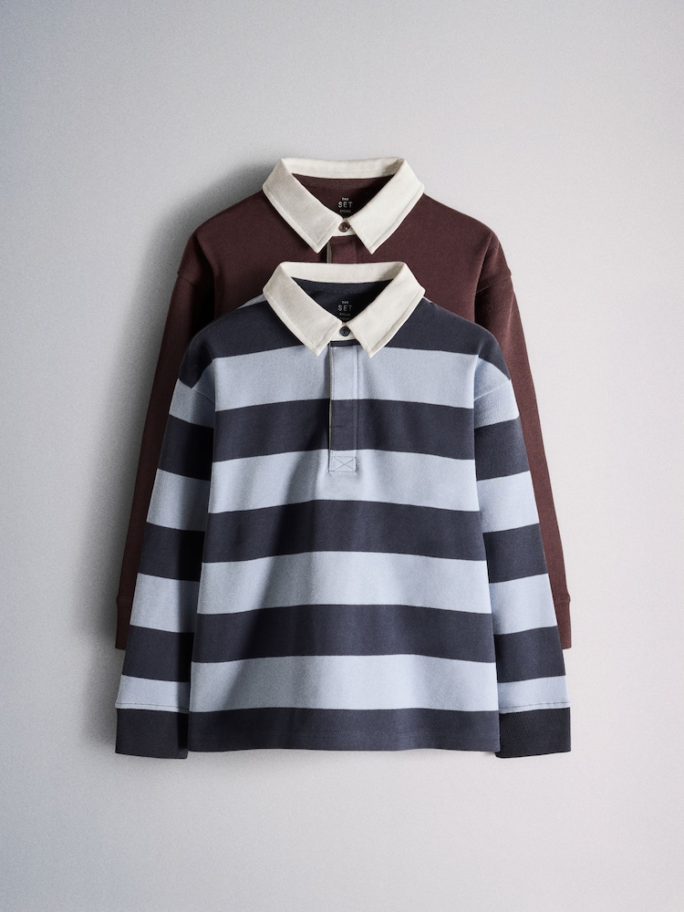 The Set 2 Pack Rugby Stripe Long Sleeve Tops Navy/Burgundy - Image 1 of 5