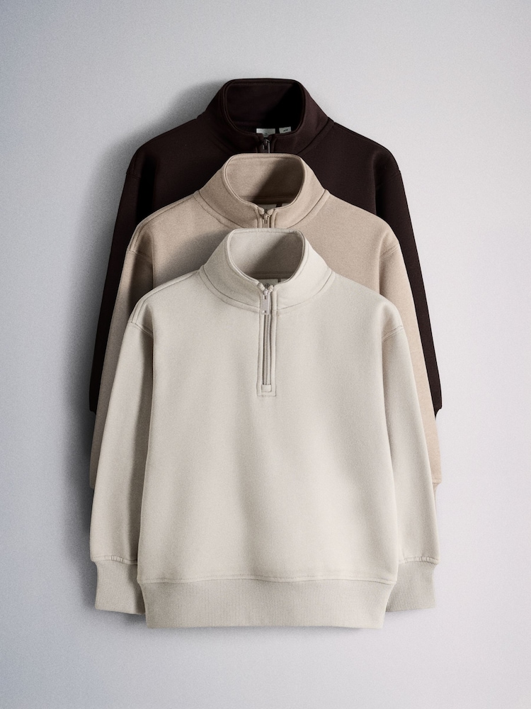 The Set 3 Pack Quater Zip Sweat Tops Brown/Cream - Image 1 of 6