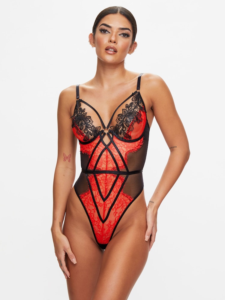 Czarny/czerwony - Koronkowe body bez krocza Lovers Secret z motywem kwiatowym Ann Summers - Obraz 1 z 4