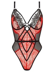 Czarny/czerwony - Koronkowe body bez krocza Lovers Secret z motywem kwiatowym Ann Summers - Obraz 4 z 4