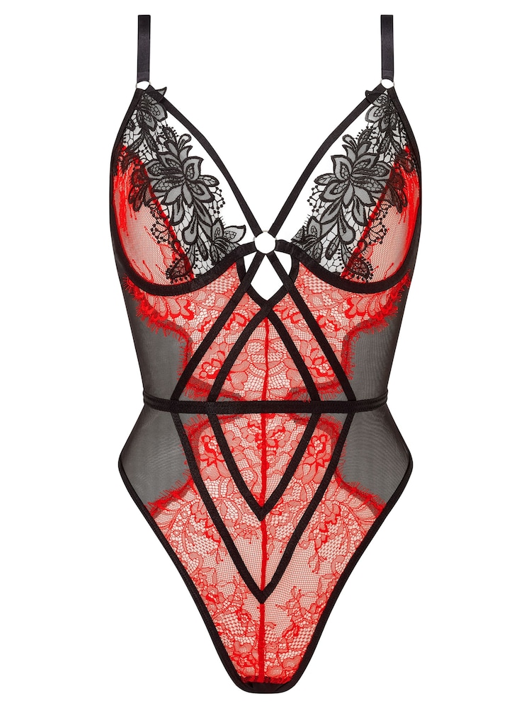 Czarny/czerwony - Koronkowe body bez krocza Lovers Secret z motywem kwiatowym Ann Summers - Obraz 4 z 4