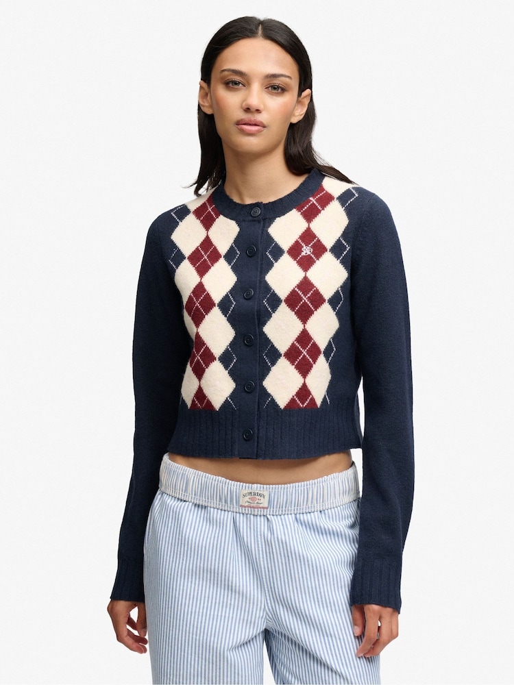 Superdry Blue Argyle Cardigan - Image 1 of 5