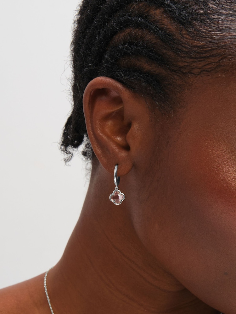 Inicio Sterling Silver Plated Vintage Rose Clover Charm Huggie Hoops - Image 2 of 2