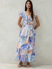 Blå/Oransje Scene Print - Occasion Ruffle Midi V-hals Kjole - Bilde 1 av 7
