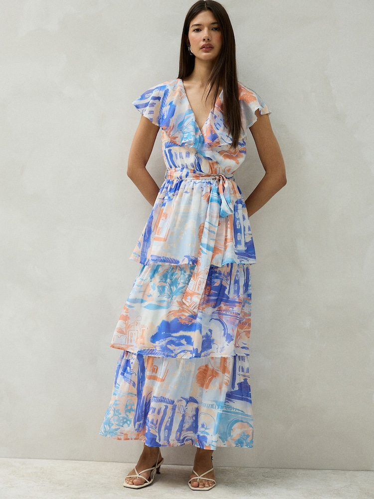 Blå/Oransje Scene Print - Occasion Ruffle Midi V-hals Kjole - Bilde 1 av 7