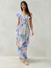 Blå/Oransje Scene Print - Occasion Ruffle Midi V-hals Kjole - Bilde 2 av 7