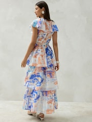Blå/Oransje Scene Print - Occasion Ruffle Midi V-hals Kjole - Bilde 3 av 7