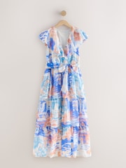 Blå/Oransje Scene Print - Occasion Ruffle Midi V-hals Kjole - Bilde 5 av 7