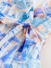 Blå/Oransje Scene Print - Occasion Ruffle Midi V-hals Kjole - Bilde 6 av 7