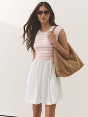 White Multi Stitch Cap Sleeve Shirred Body Jersey Mini Dress - Image 1 of 7