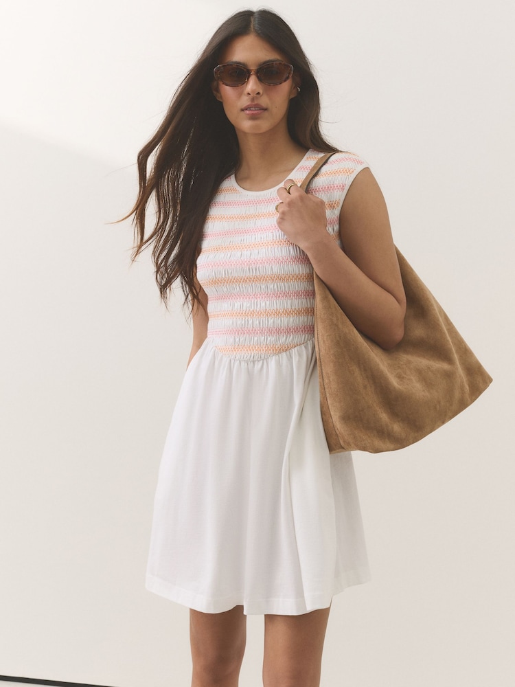 White Multi Stitch Cap Sleeve Shirred Body Jersey Mini Dress - Image 1 of 7