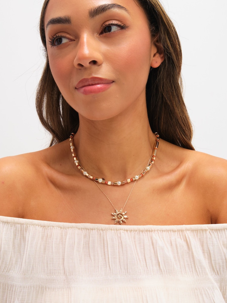 Mood Gold Tone Beaded Sun Double Row Necklace - Image 3 of 3 Mood Gold Tone Beaded Sun Double Row Necklace - Image 3 of 3