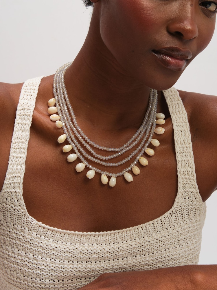 Mood Gold Tone Shell and Bead Multirow Necklace - Image 2 of 3 Mood Gold Tone Shell and Bead Multirow Necklace - Image 2 of 3