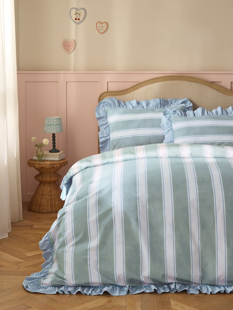 Blue/Green Stripe Decorator Frill Cotton Duvet Cover and Pillowcase Set - Image 1 of 5 Blue/Green Stripe Decorator Frill Cotton Duvet Cover and Pillowcase Set - Image 1 of 5