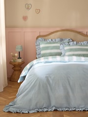 Blue/Green Stripe Decorator Frill Cotton Duvet Cover and Pillowcase Set - Image 2 of 5