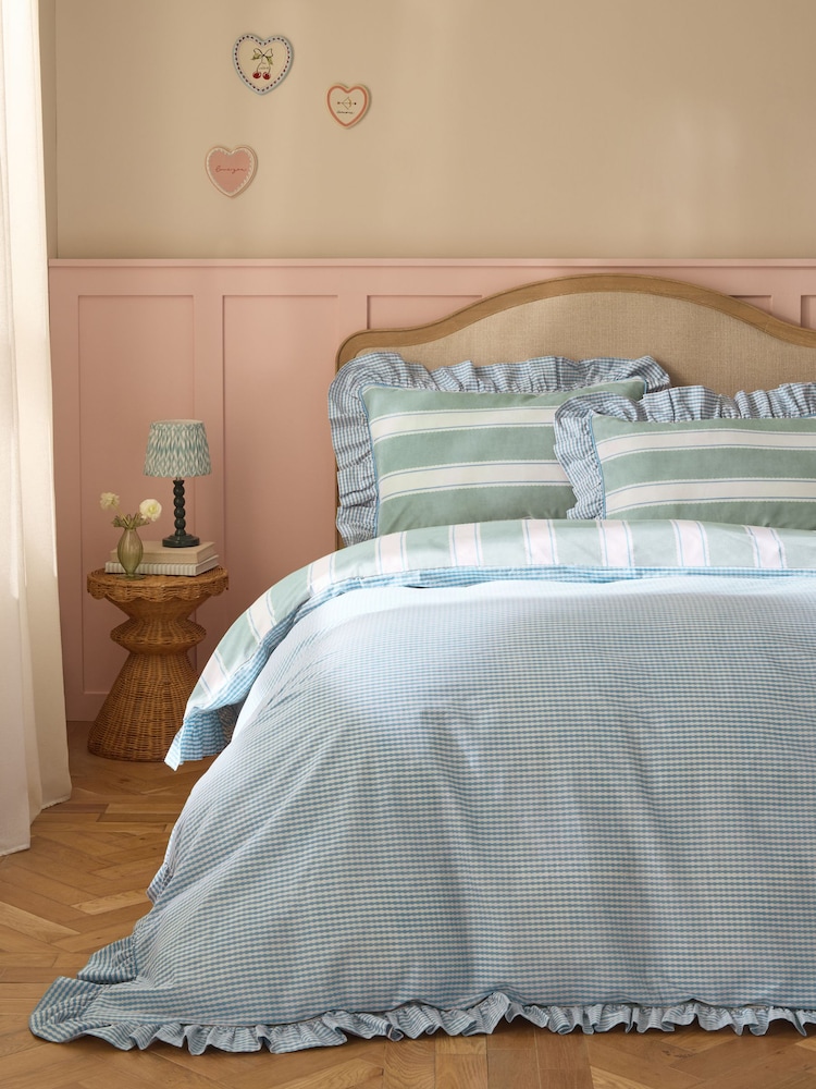 Blue/Green Stripe Decorator Frill Cotton Duvet Cover and Pillowcase Set - Image 2 of 5 Blue/Green Stripe Decorator Frill Cotton Duvet Cover and Pillowcase Set - Image 2 of 5
