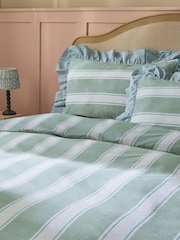 Blue/Green Stripe Decorator Frill Cotton Duvet Cover and Pillowcase Set - Image 3 of 5
