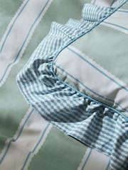 Blue/Green Stripe Decorator Frill Cotton Duvet Cover and Pillowcase Set - Image 4 of 5