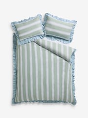 Blue/Green Stripe Decorator Frill Cotton Duvet Cover and Pillowcase Set - Image 5 of 5