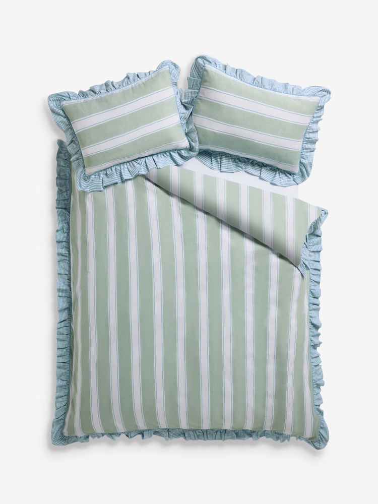 Blue/Green Stripe Decorator Frill Cotton Duvet Cover and Pillowcase Set - Image 5 of 5 Blue/Green Stripe Decorator Frill Cotton Duvet Cover and Pillowcase Set - Image 5 of 5