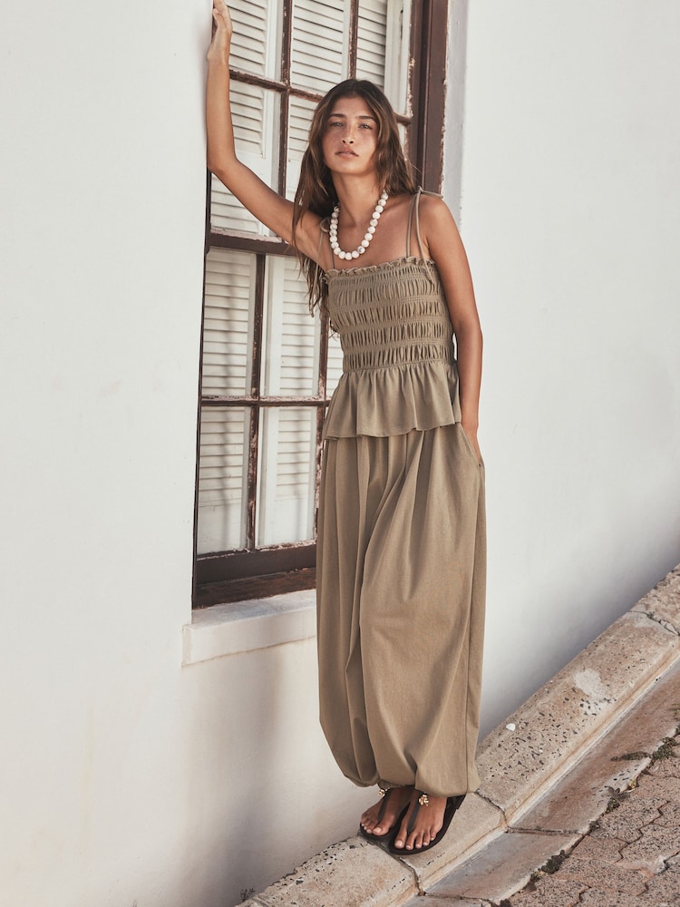 Khaki Jersey Ballon Leg Jumpsuit - Image 1 of 6 Khaki Jersey Ballon Leg Jumpsuit - Image 1 of 6