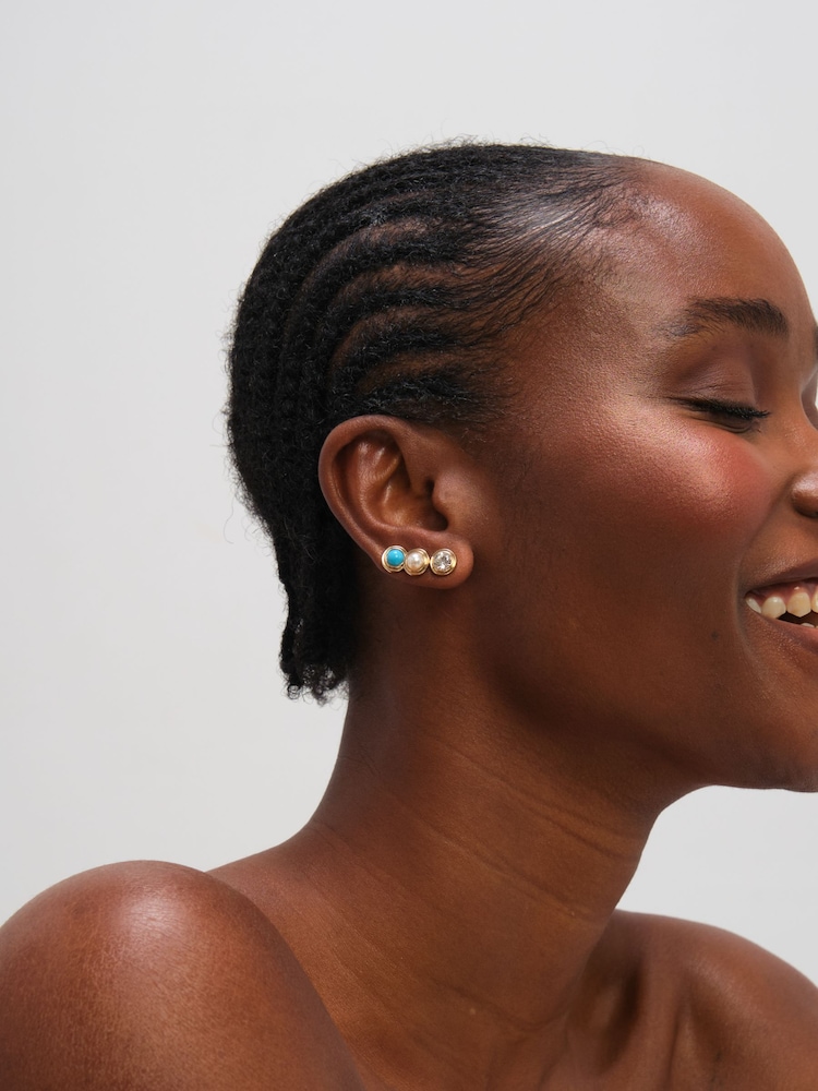 Mood Turquoise Pearl Stud Earrings 3 Pack - Image 2 de 2