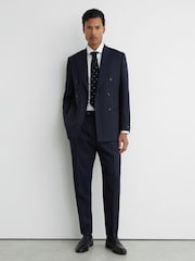 Reiss Navy Bank Wool Pinstripe Side-Adjuster Suit Trousers Tailored-Fit - Image 1 of 6