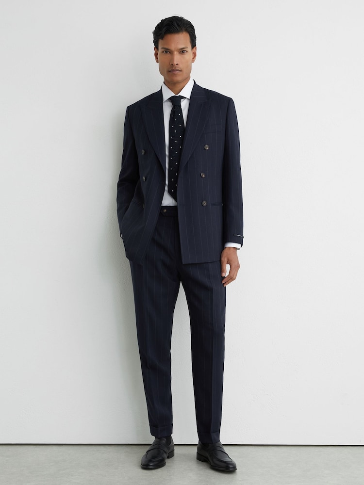 Reiss Navy Bank Wool Pinstripe Side-Adjuster Suit Trousers Tailored-Fit - Image 1 of 6