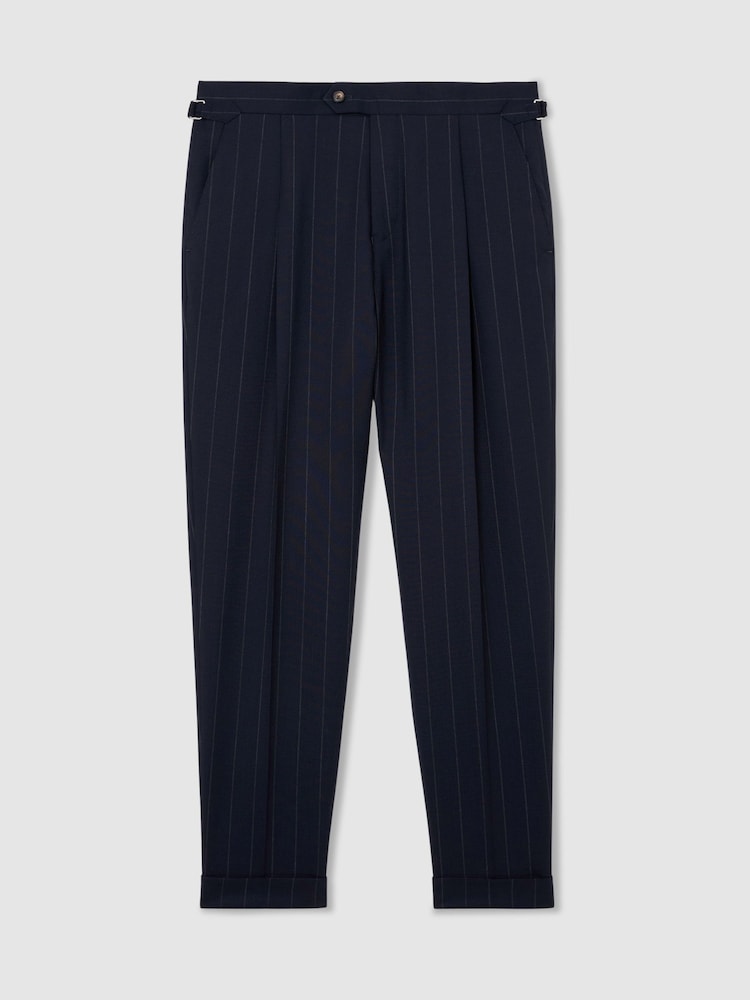 Reiss Navy Bank Wool Pinstripe Side-Adjuster Suit Trousers Tailored-Fit - Image 2 of 6