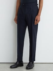Reiss Navy Bank Wool Pinstripe Side-Adjuster Suit Trousers Tailored-Fit - Image 3 of 6