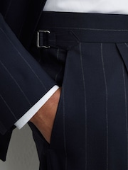 Reiss Navy Bank Wool Pinstripe Side-Adjuster Suit Trousers Tailored-Fit - Image 4 of 6
