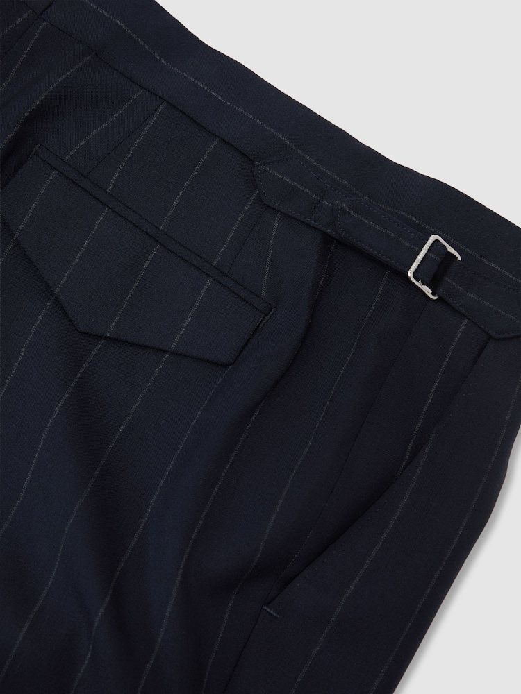 Reiss Navy Bank Wool Pinstripe Side-Adjuster Suit Trousers Tailored-Fit - Image 6 of 6
