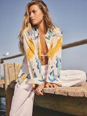 Ecru/Blue Map Print Relaxed Long Sleeve Cotton Lightweight Shirt - Image 1 of 5