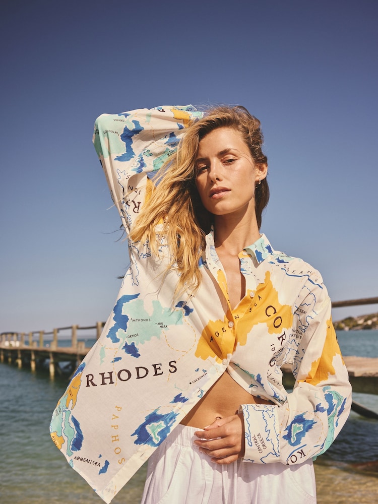 Ecru/Blue Map Print Relaxed Long Sleeve Cotton Lightweight Shirt - Image 2 of 5