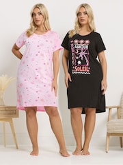 Yours Curve Black Dipped Back Nightdress 2 Pack - Image 1 of 8