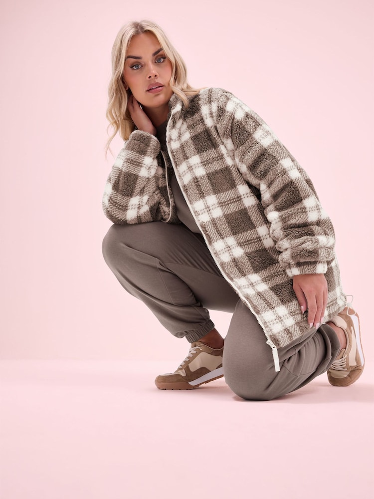 Yours Curve Brown Zip Through Checked Feather Fleece - Image 1 of 5